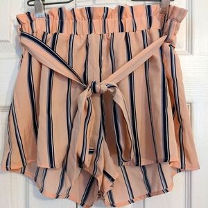Shein Paper bag Shorts Size Med light pink with white and blue pinstripes
